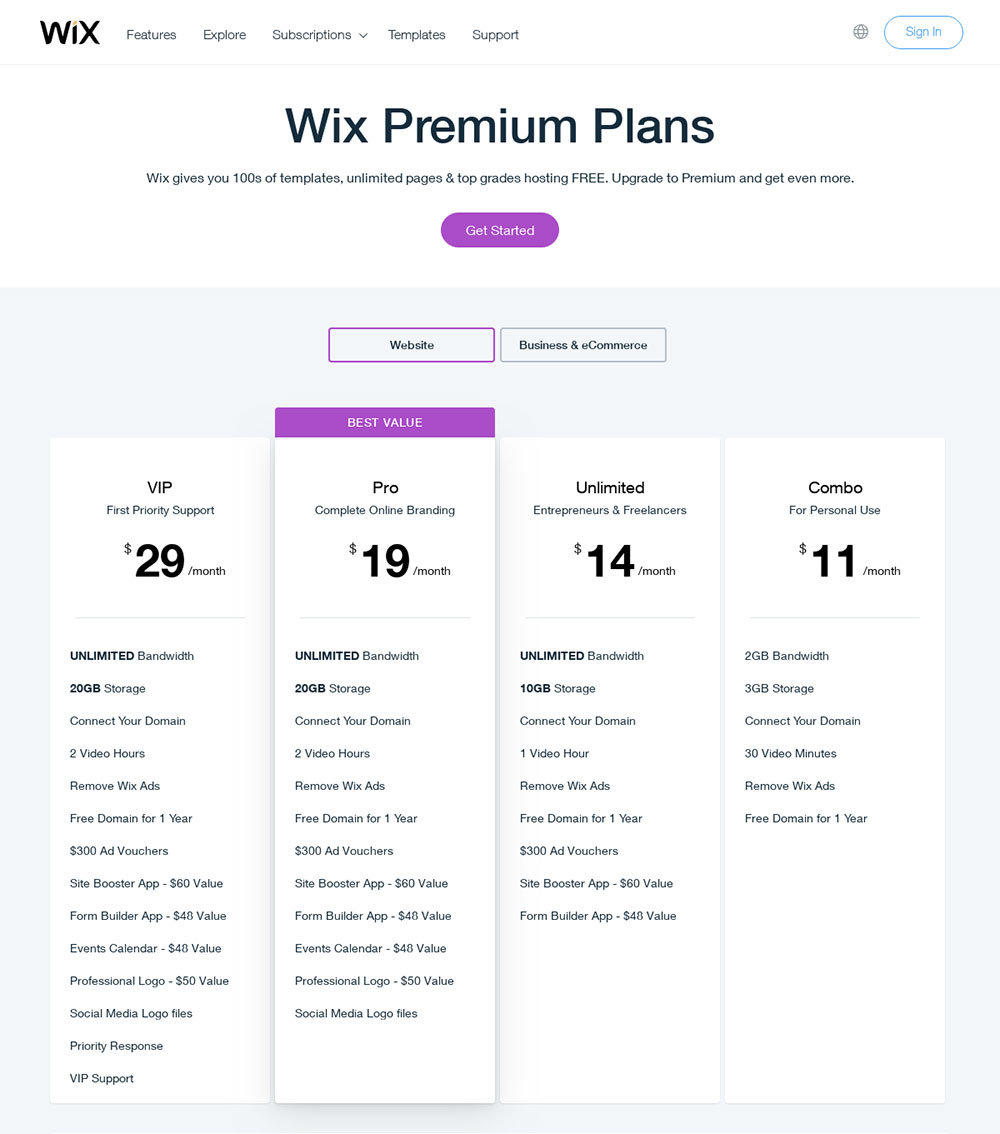 wix pricing per month