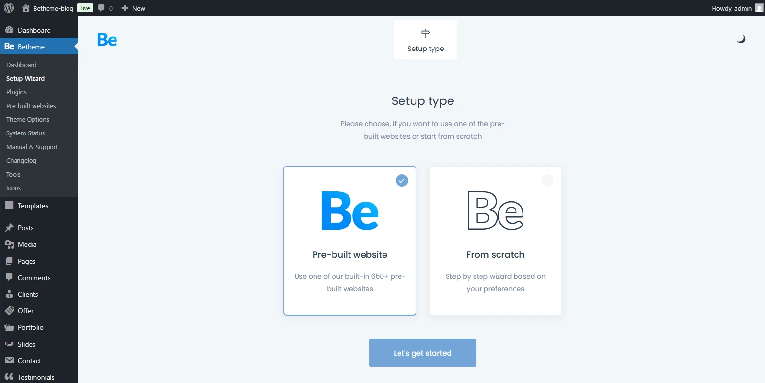 Betheme Setup Wizard panel's first page, Pre-Built Website checked