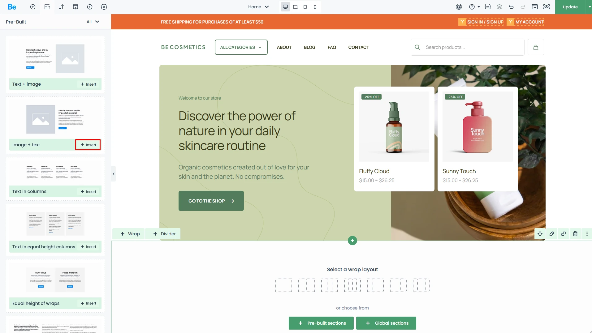 On the left sidebar pre-built sections list with red marked insert button on one of them