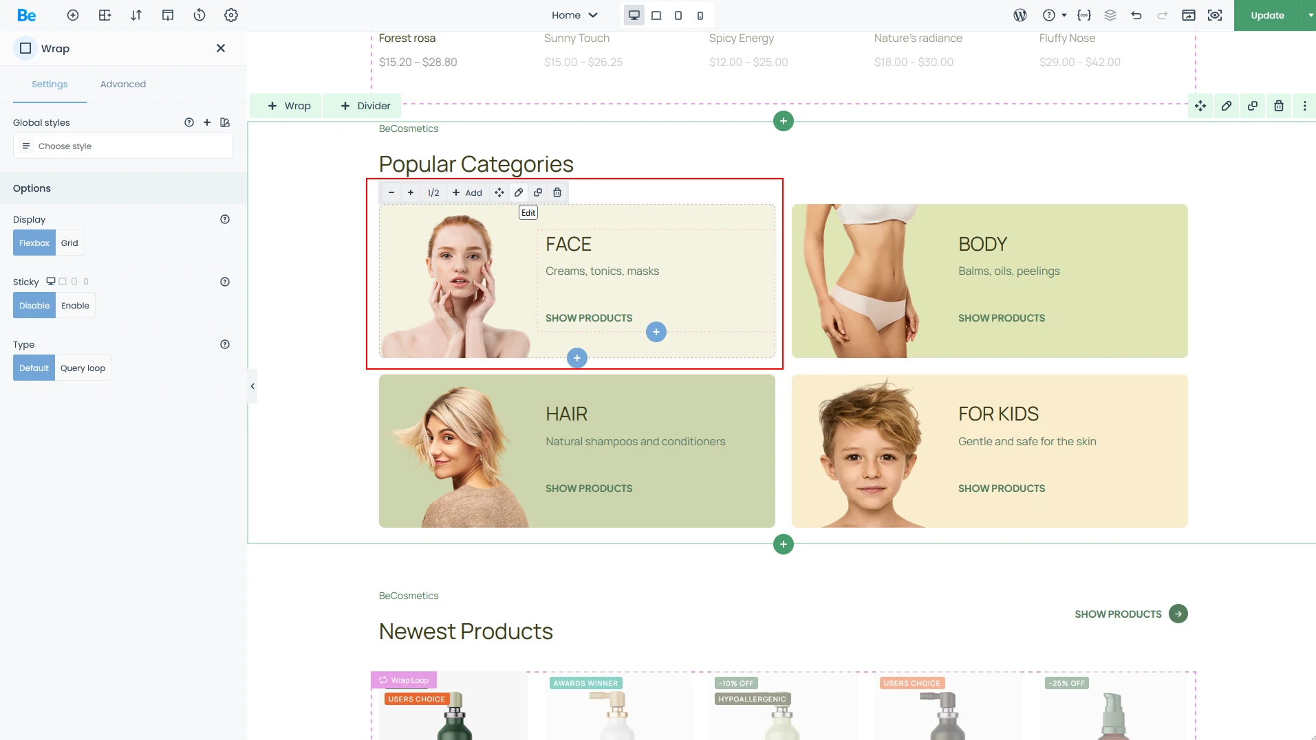 Betheme's BeBuilder with active and red marked wrap container