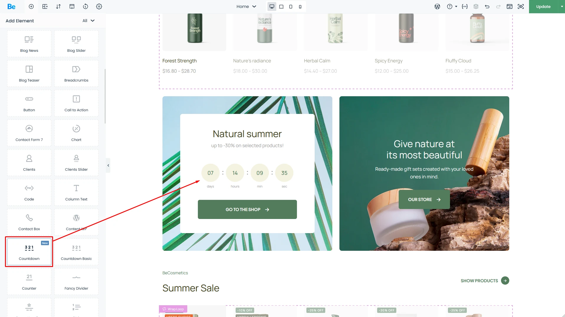 BeBuilder list of the elements with red marked countdown element and red arrow points into place where it was moved on