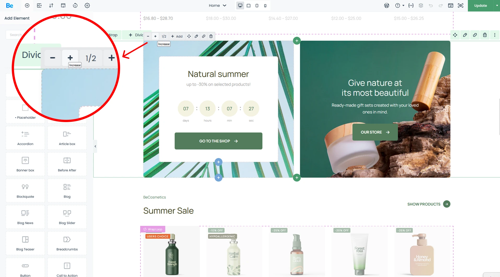 BeBuilder with resizing of wrap element zoomed options in red circle