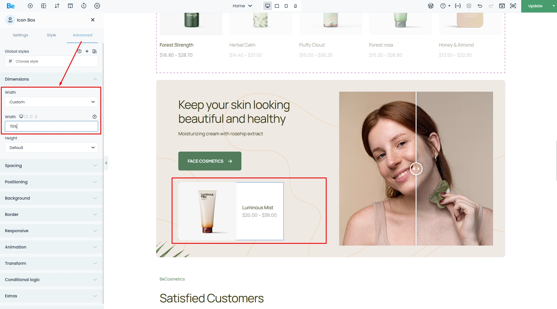 BeBuilder Icon Box element with advanced options tab opened and Custom width of element is set to 70%