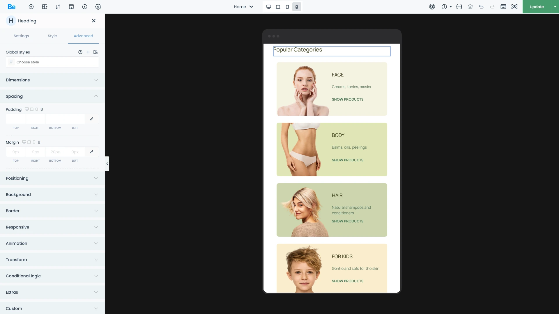 BeBuilder responsive mode opened and default options for margin are seen