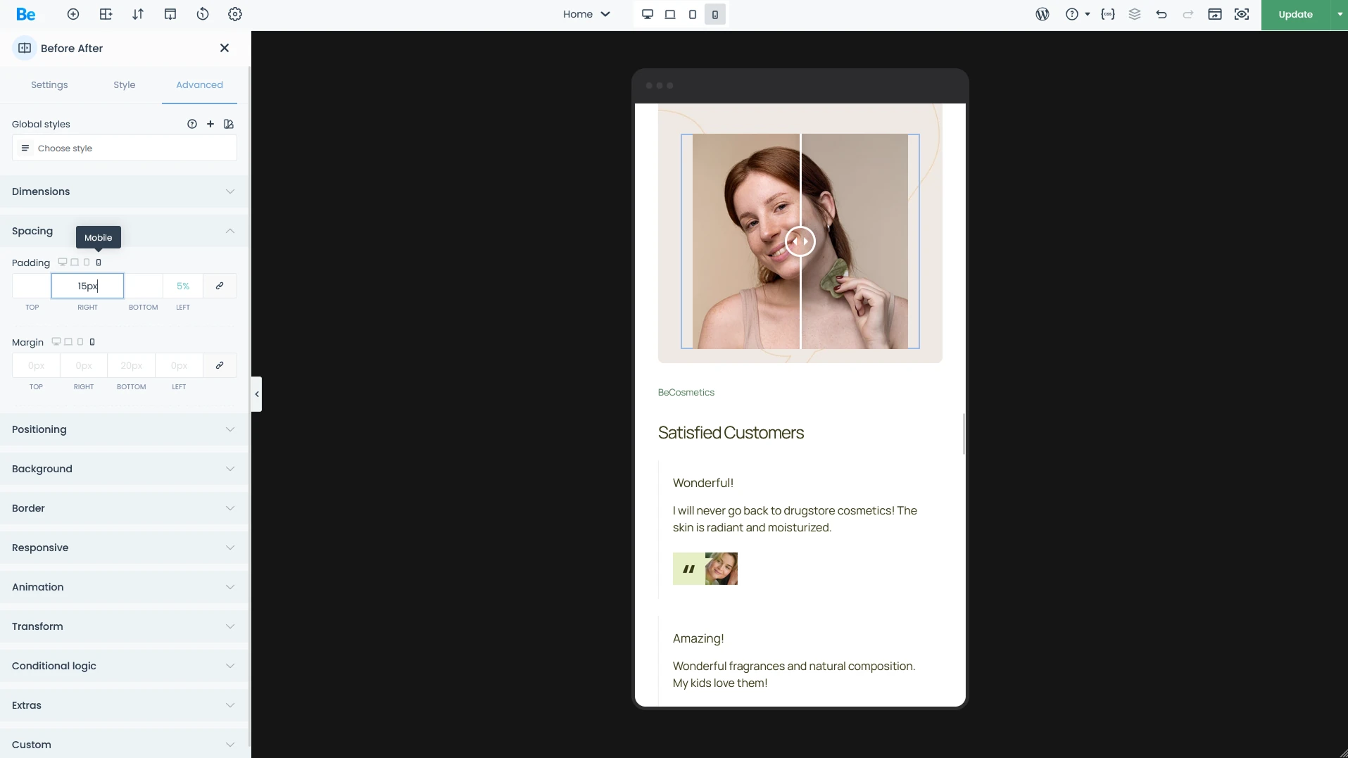 BeBuilder Mobile Right padding is changed - value is black now