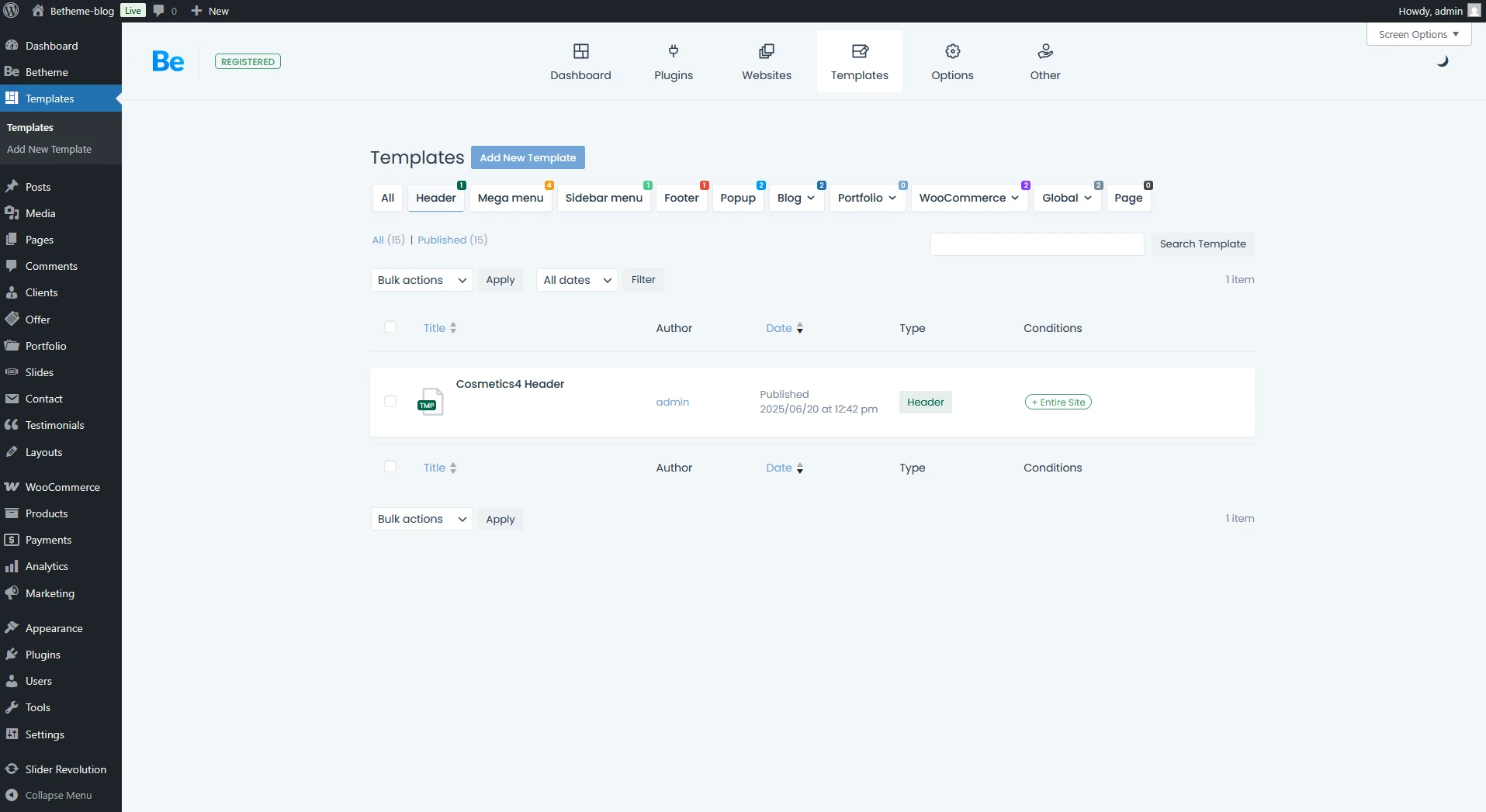 BeTheme templates panel with Header template tab opened and Cosmetics4 Header template on the list