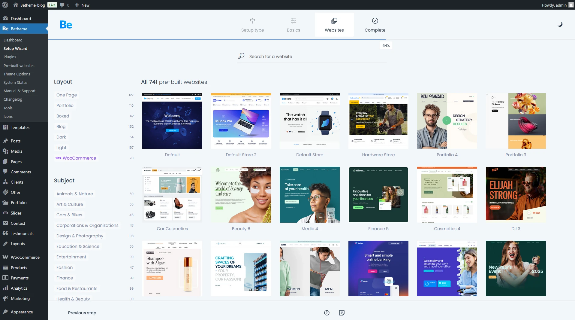 BeTheme list of Pre-built websites available at Setup Wizard that helps you to make your website live