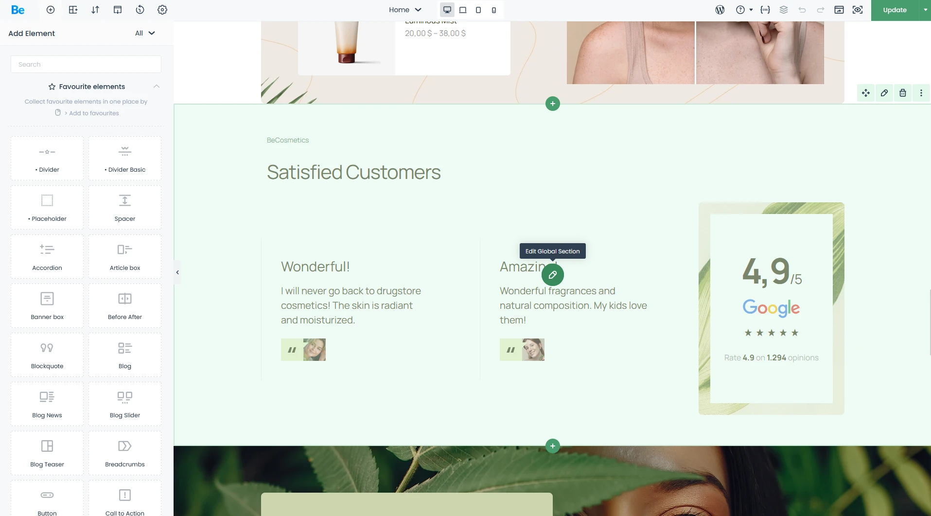 BeBuilder with cursor on Global Section's Edit Global Section button