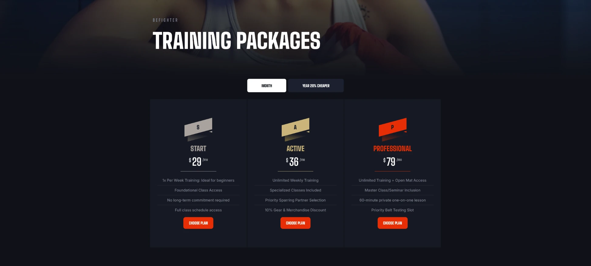 Tabber with Monthly/Yearly subscription on pre-built website martial arts