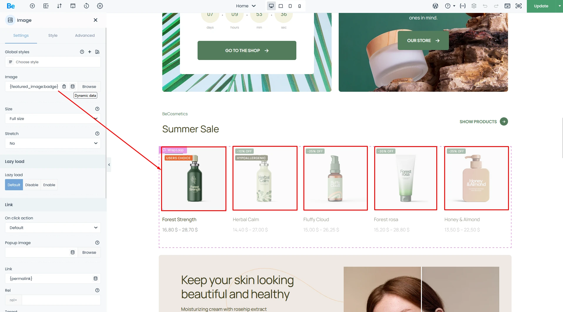 the BeBuilder interface showing the Image element (highlighted in red) within a Query Loop product list. We’re using Dynamic Data with the {featured_image:badge} tag to render product images alongside discount badges like '-20% off'
