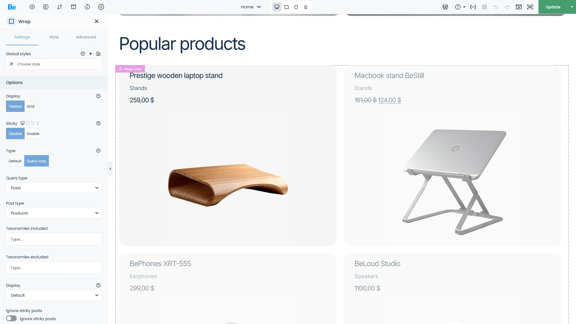 BeBuilder – using a Wrap with Dynamic Data in a Query Loop to display popular products.