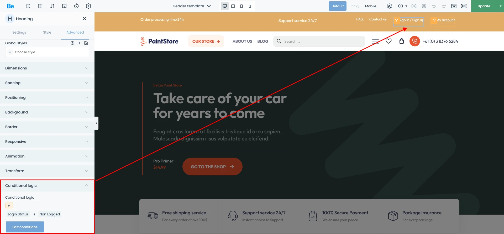 BeBuilder Heading element in Header template: Under the Advanced tab, I've highlighted the Conditional Logic settings in red. This allows you to show a login/sign in link specifically for logged-out users.