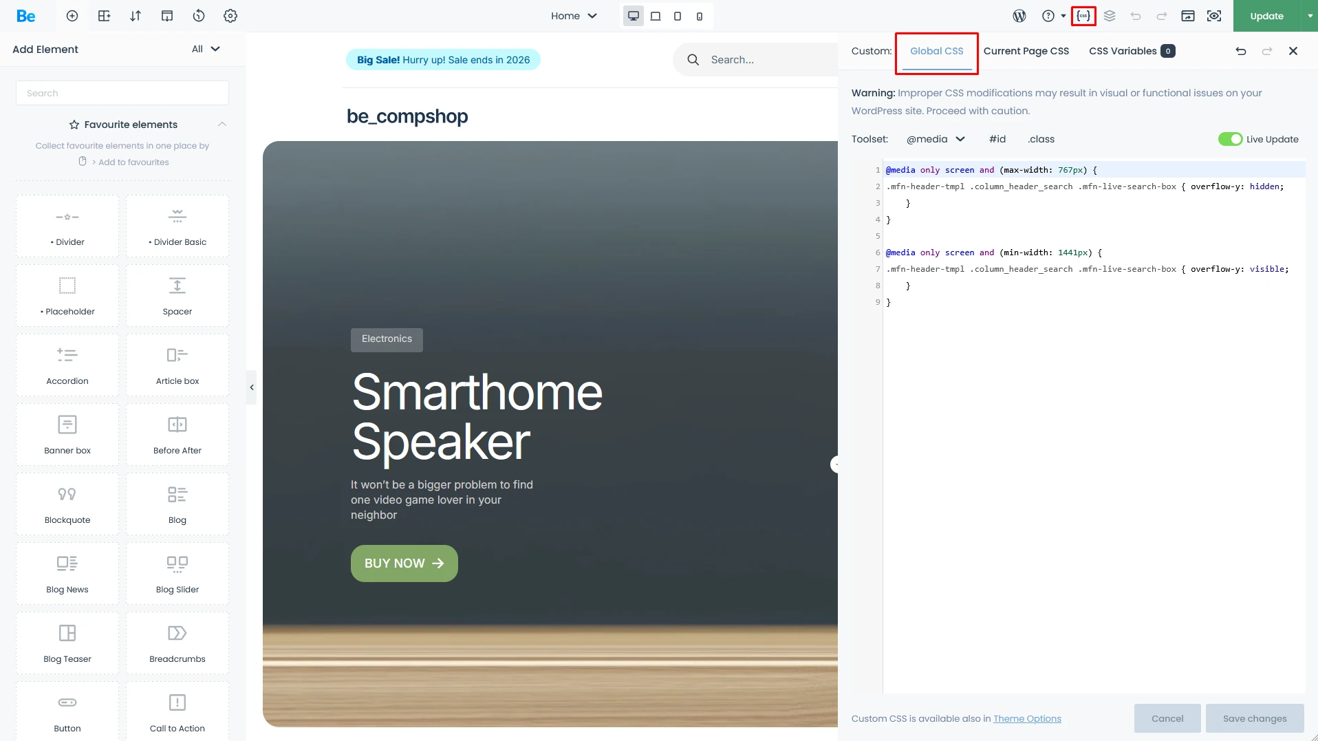 BeBuilder - opened custom css panel with some custom css added