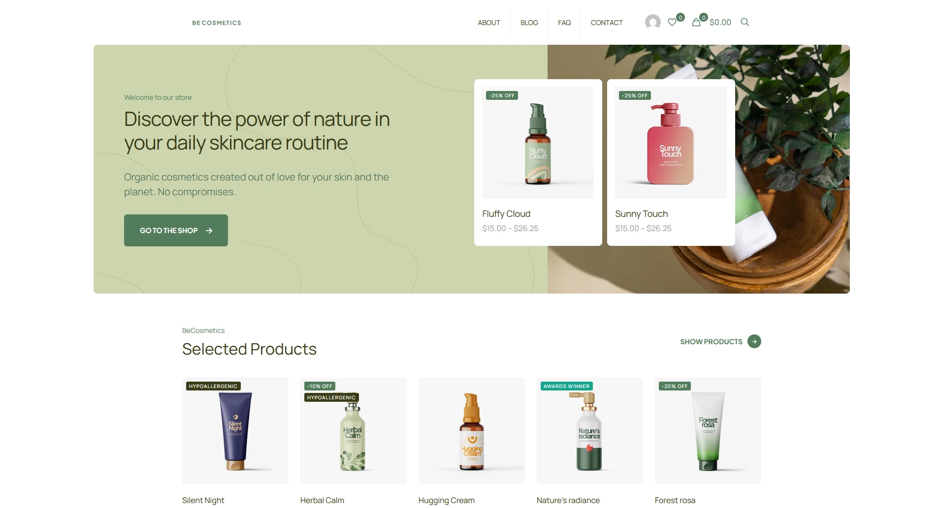 Betheme Sample Pre-Built website called Cosmetics 4, after first setup with header template disabled and using default header from Theme Options
