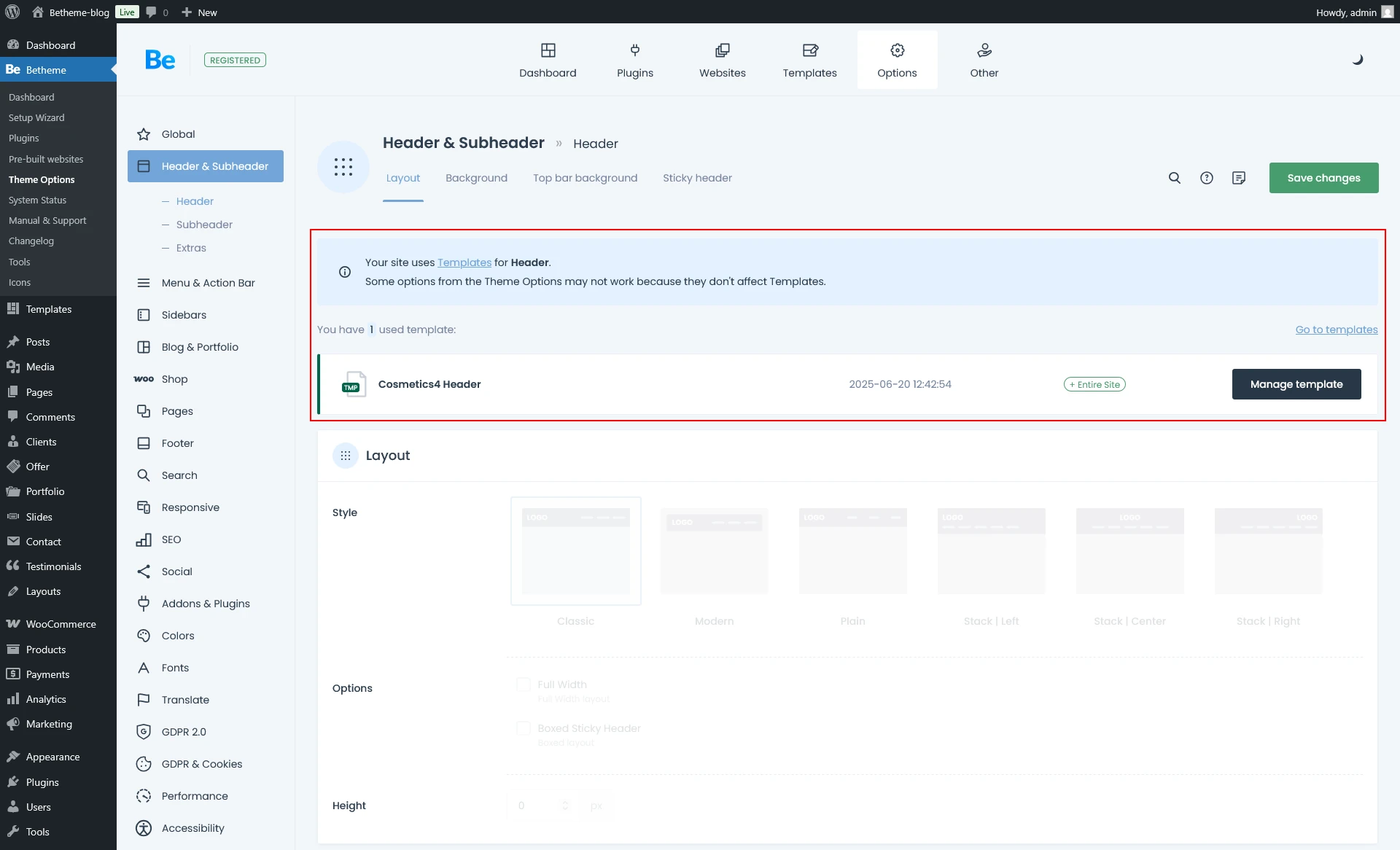 BeTheme Theme Options with Header&Subheader tab opened and info about using header template red marked
