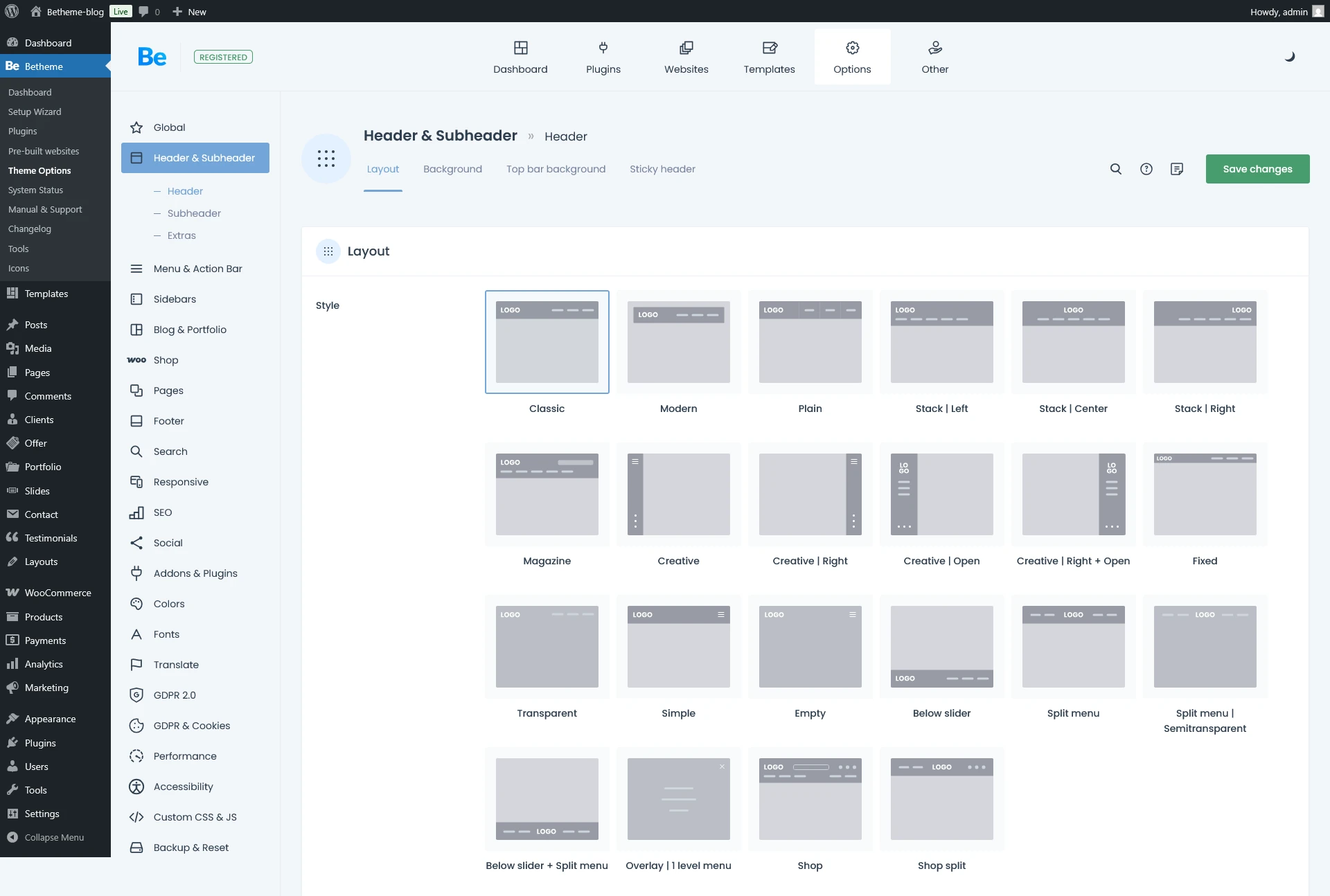 BeTheme Theme Options with Header&Subheader tab opened and Default Header layouts list shown