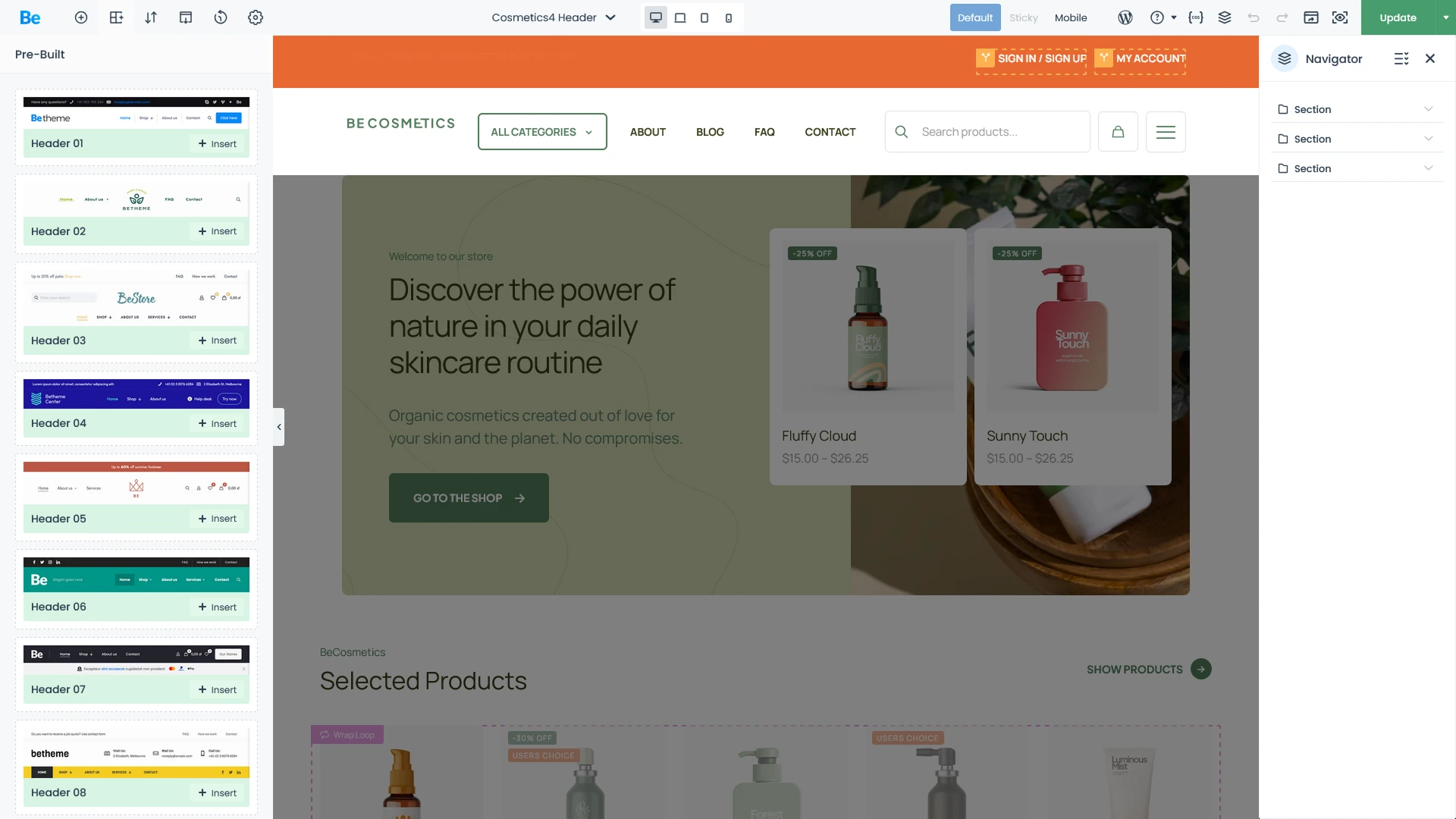 Betheme's BeBuilder Panel with pre-made pre-builts headers list shown