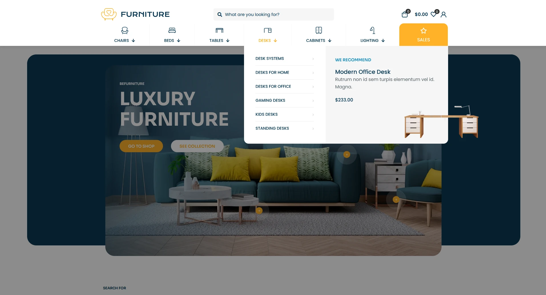 Hovering over the Desk menu item triggers a mega menu featuring subcategories and an eye-catching box showcasing the recommended Modern Office Desk.
