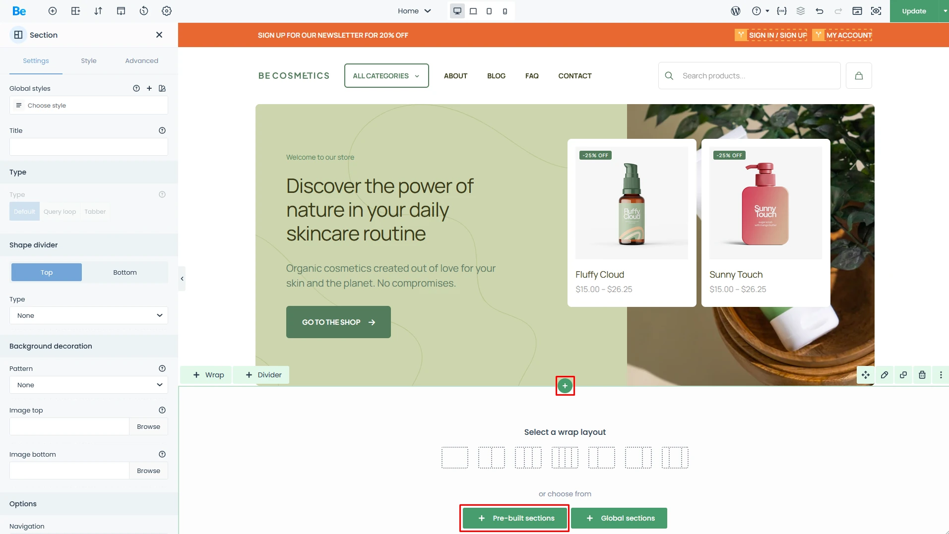 Betemehe's BeBuilder with red marked steps to get to pre-built sections
