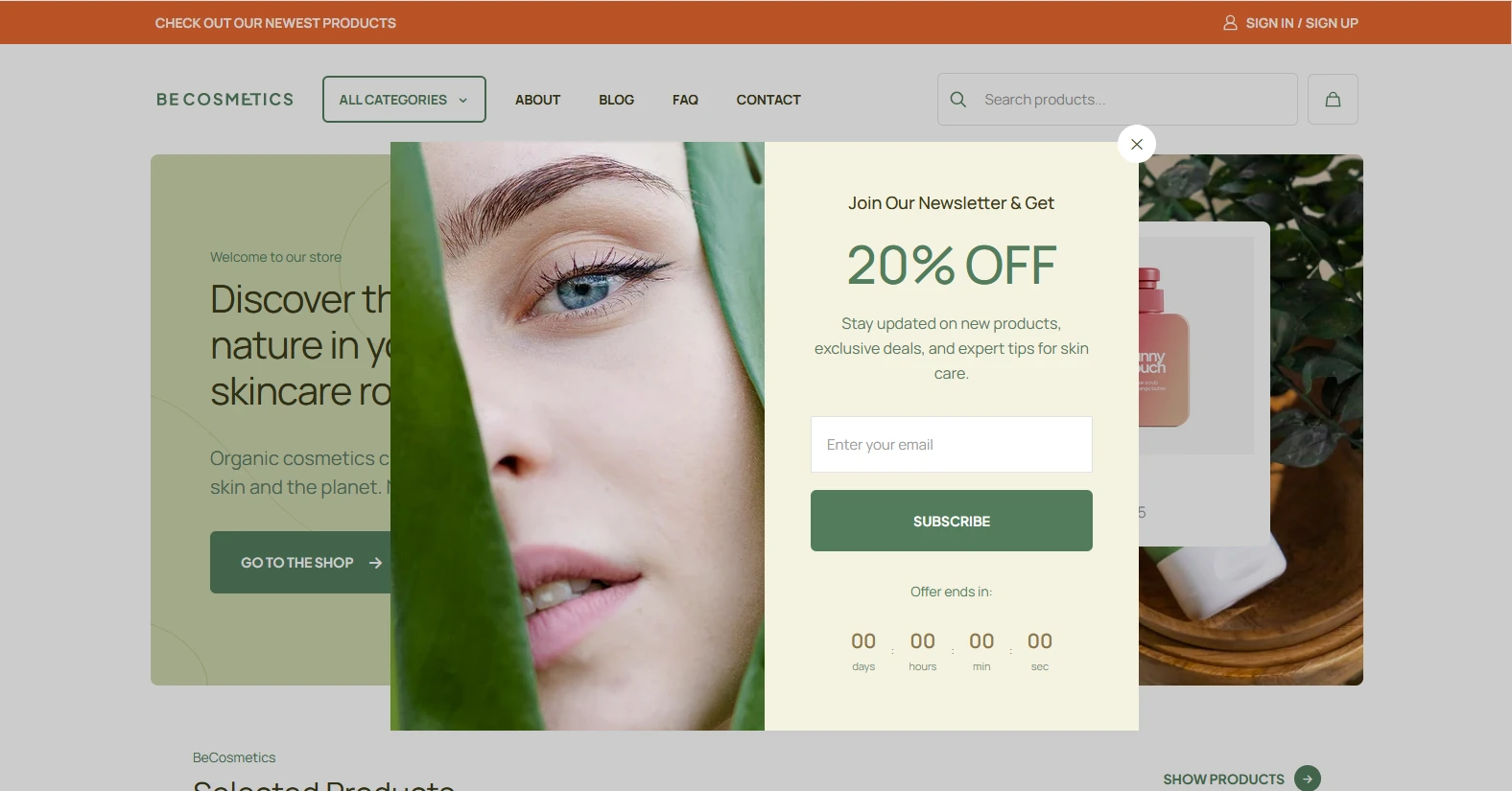 Ecommerce Popup with newsletter call to action build with Betheme on Cosmetics 4 pre-built