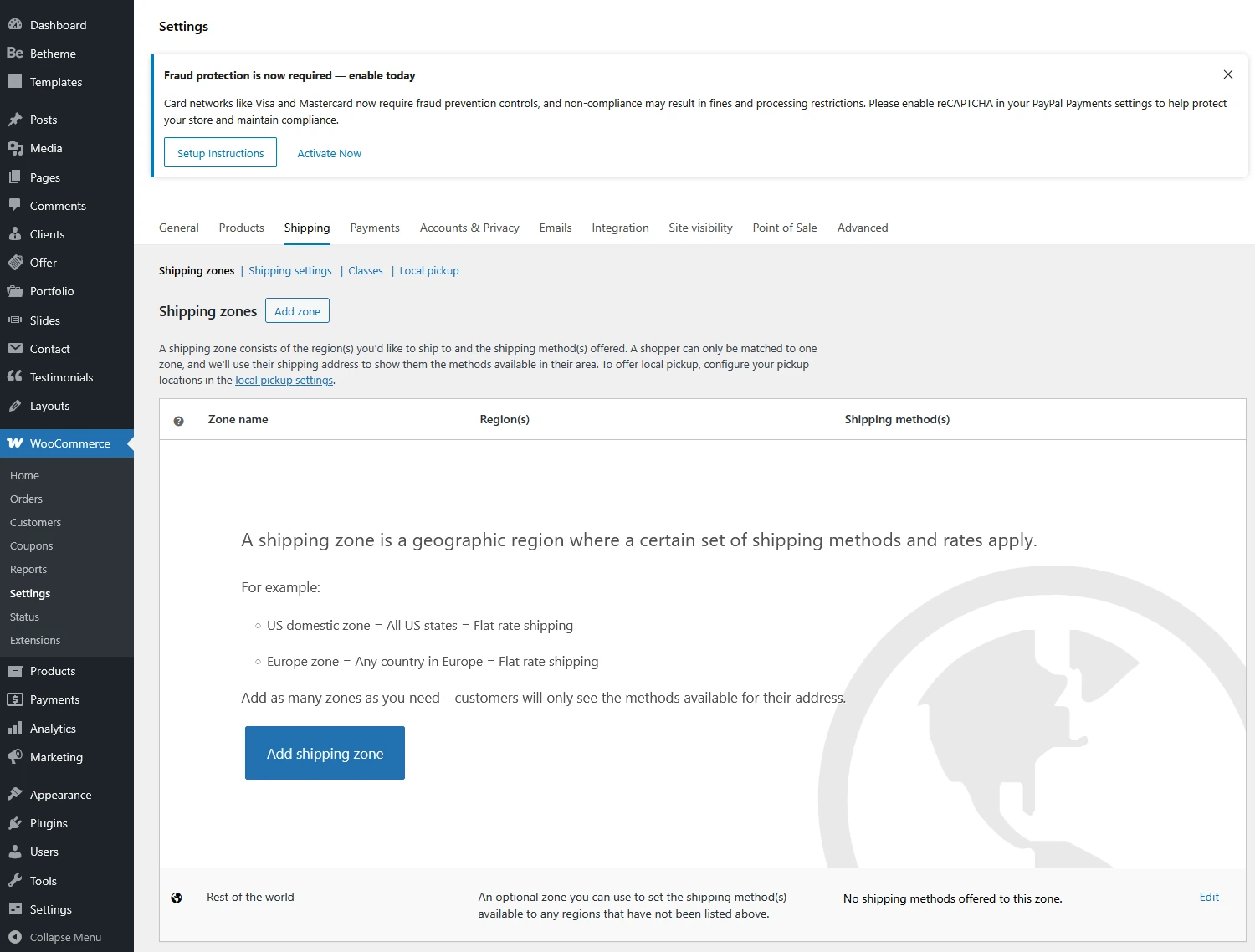 WooCommerce Settings with Shipping zones panel opened