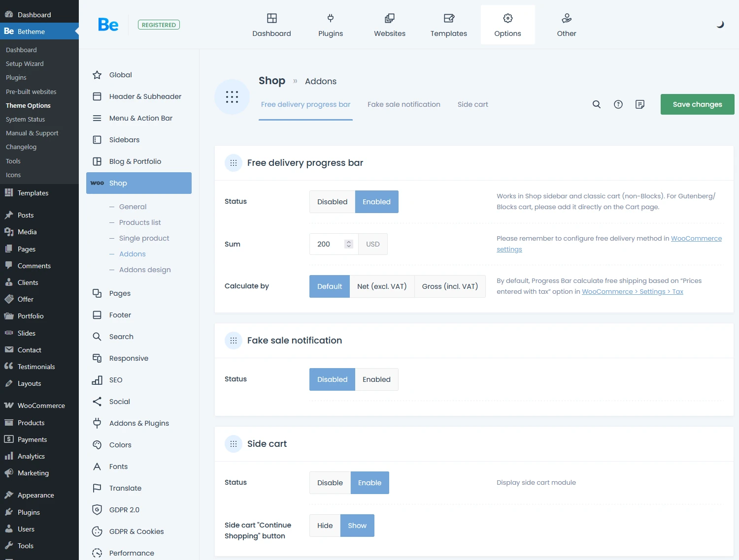 BeTheme Theme Options with Shop > Addons toggle and Free delivery progress Bar Enabled