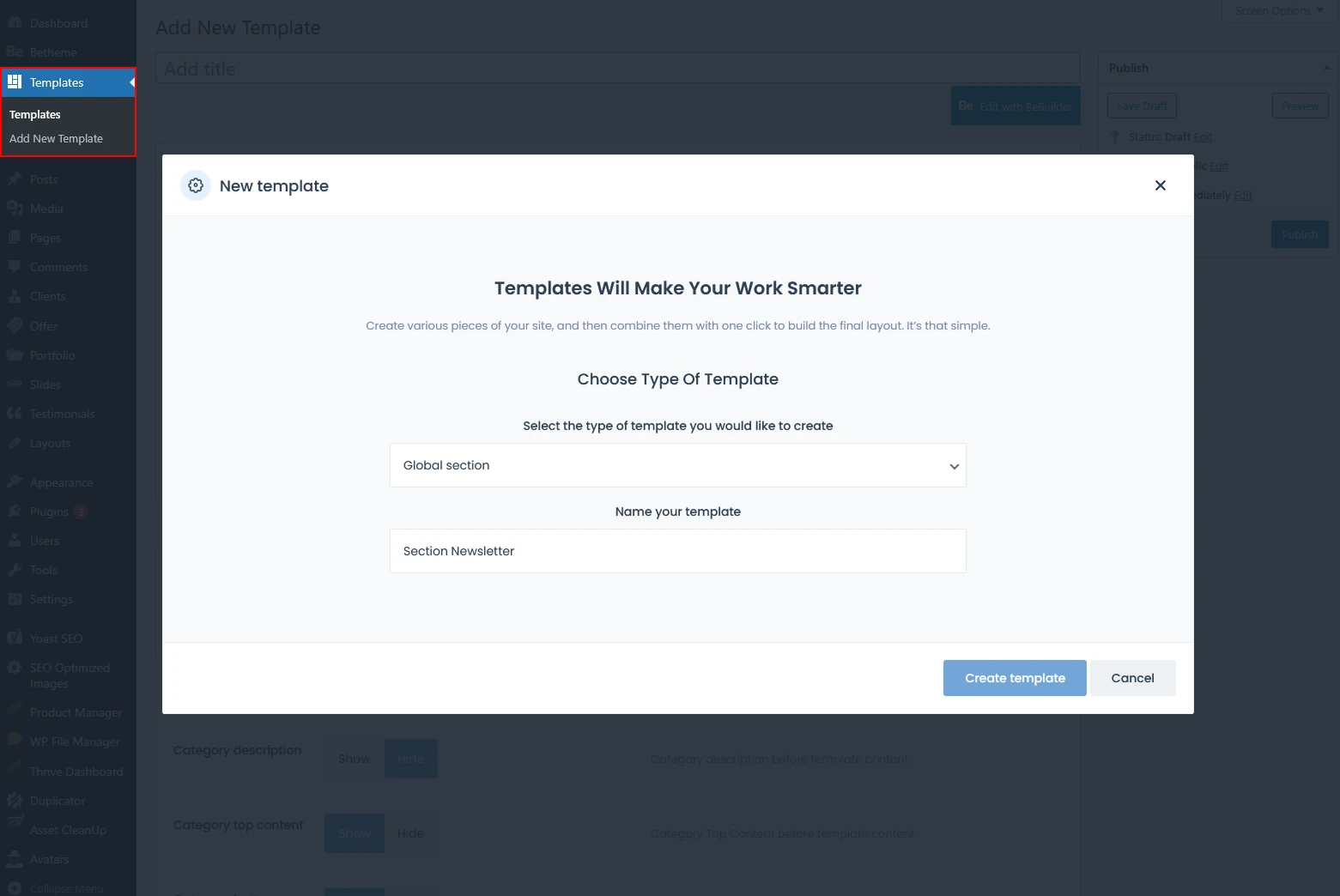 BeTheme Templates panel - popup opened when you're creating new Global Section Template