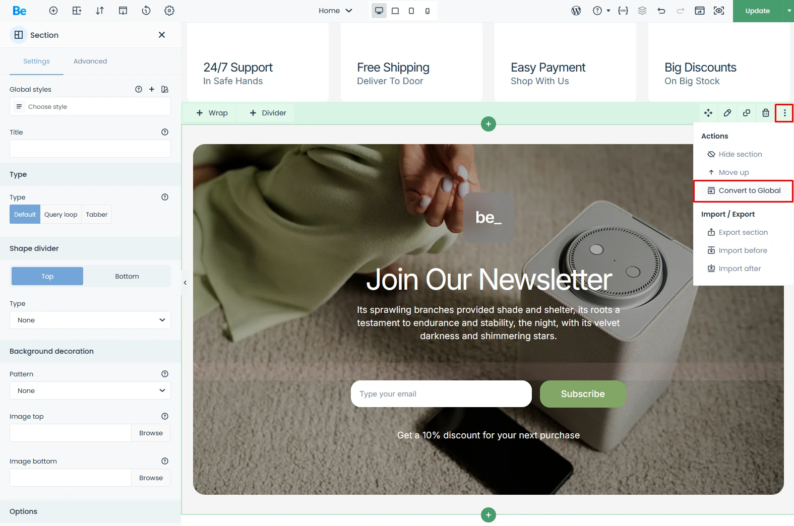 BeBuilder with Conbvert to Global option red marked on the section toolbar at three dots drop down menu