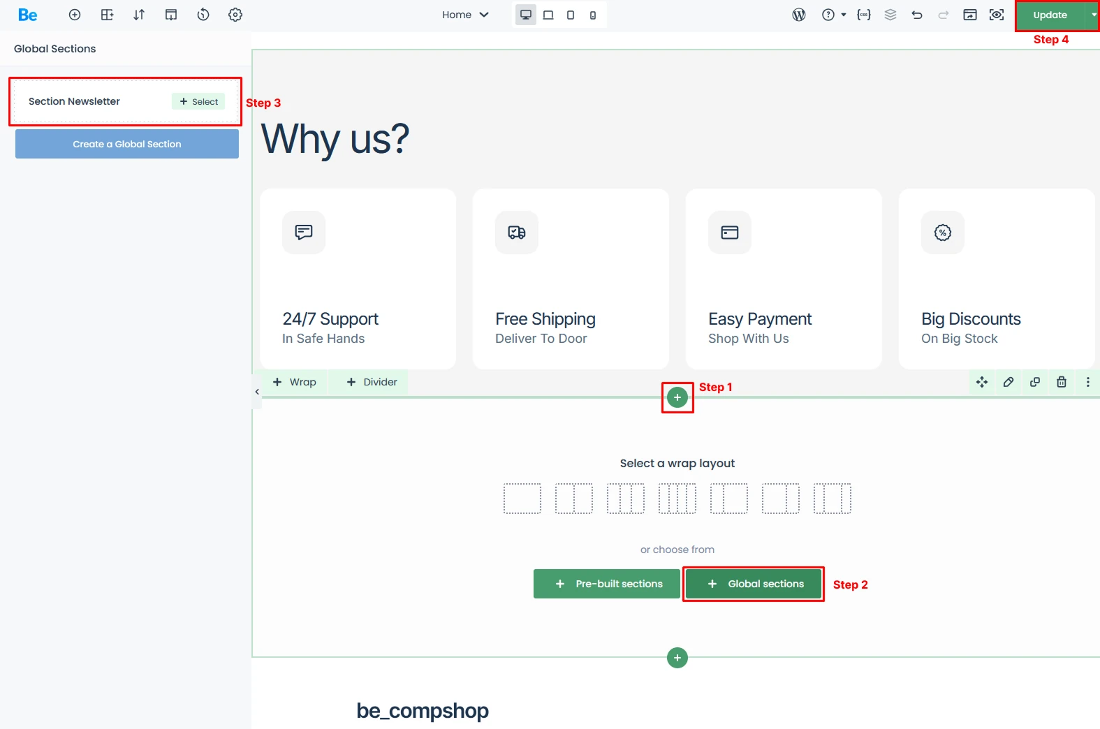 BeBuilder with implementation steps red marked