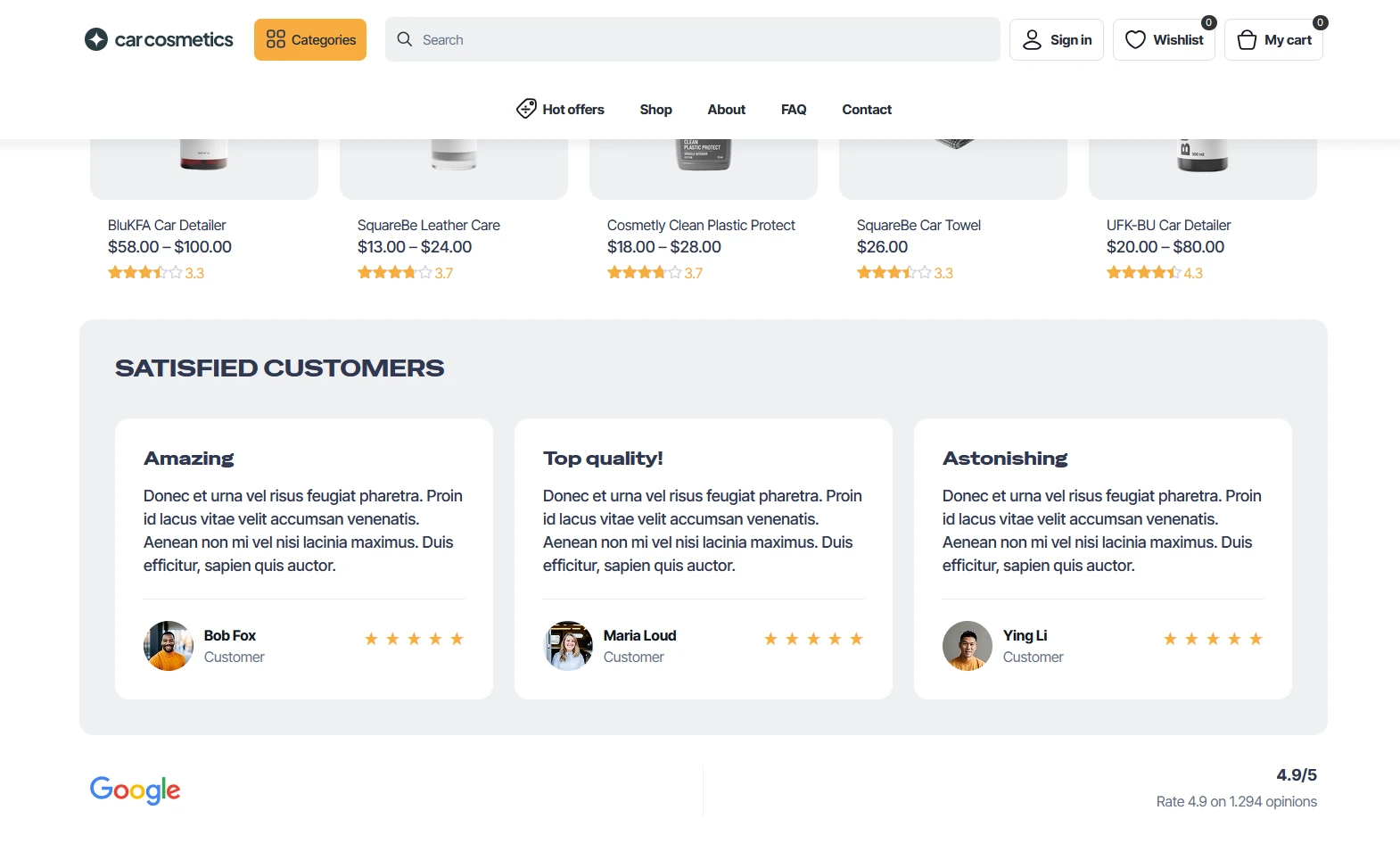 Testimonials Section from BeTheme pre-built website Car Cosmetics