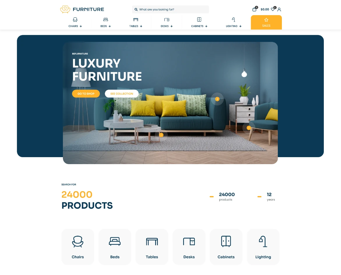 Section with categories from BeTheme pre-built website Furniture Store