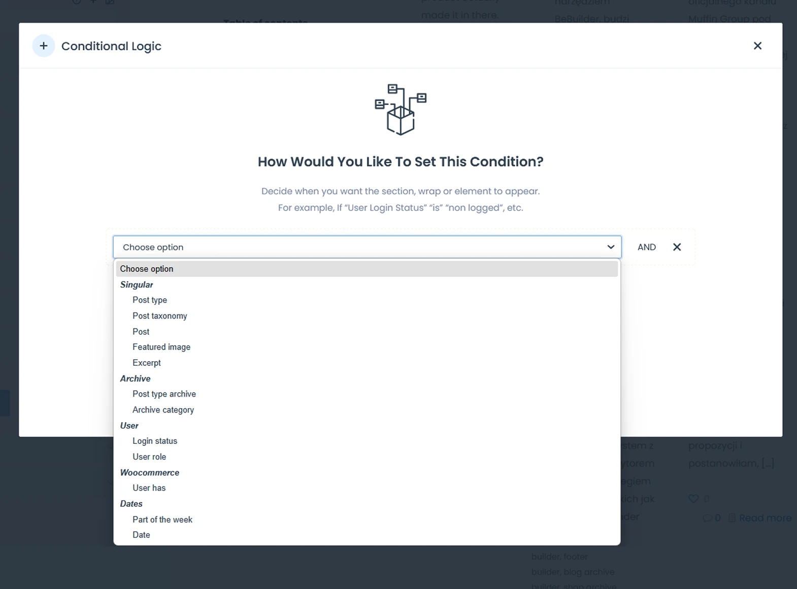 BeBuilder Conditional Logic modal - Switch with available options to choose active
