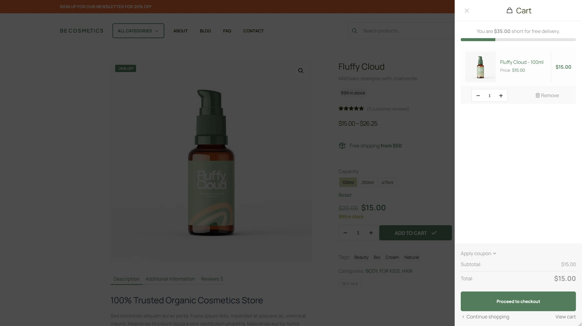 Side Cart triggered on the Betheme Cosmetics 4 template 