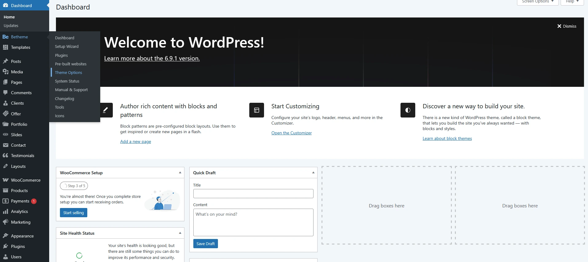 Wordpress Dashboard with Betheme and it's Theme Options selected