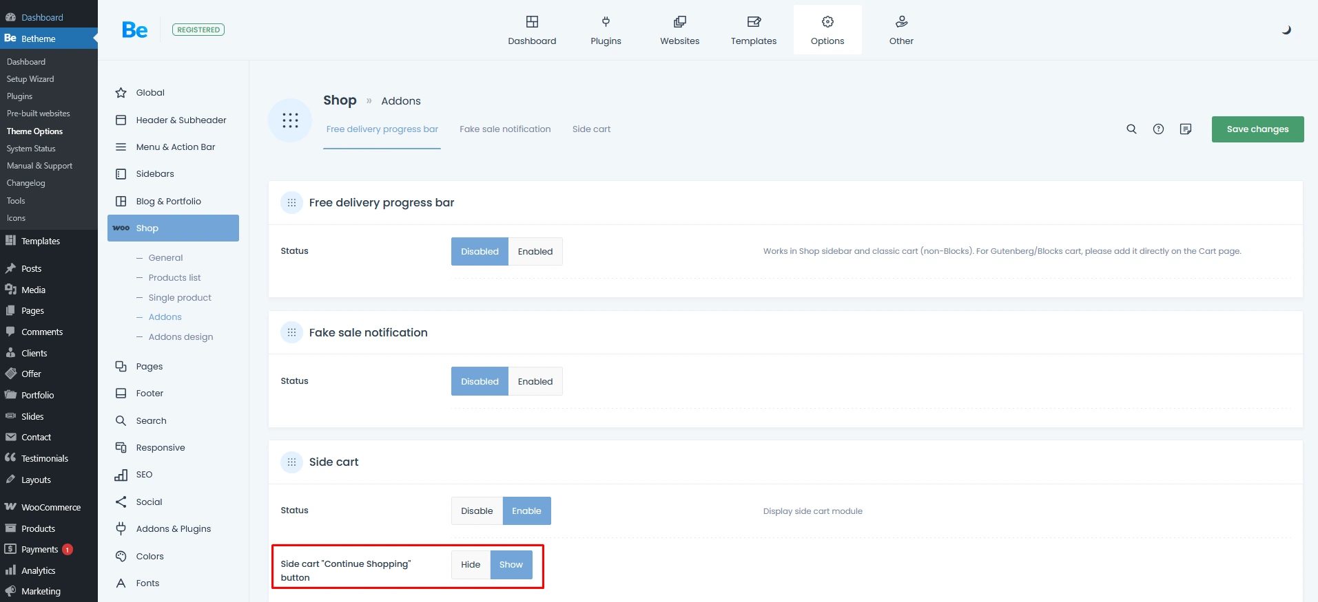 Betheme ThemeOptions panel with Continue Shopping button in side cart option marked