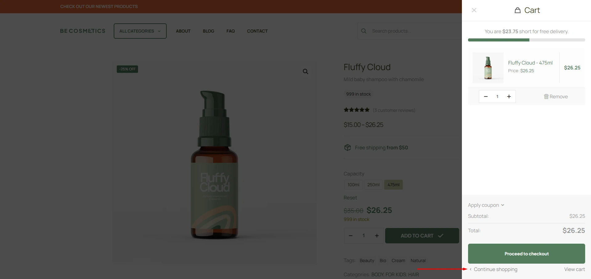Side Cart triggered on the Betheme Cosmetics 4 template and red arrow pointing at Continue shopping link
