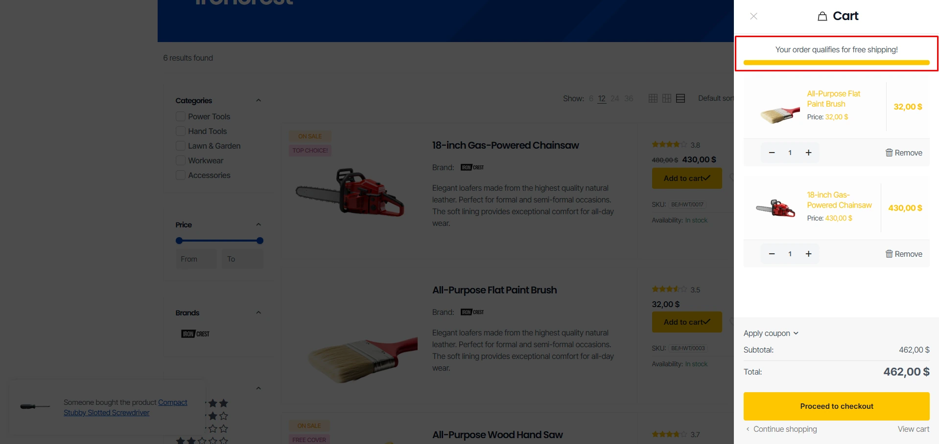 Side Cart triggered on the Betheme Hardware Store template and marked Free Shipping Progress bar

