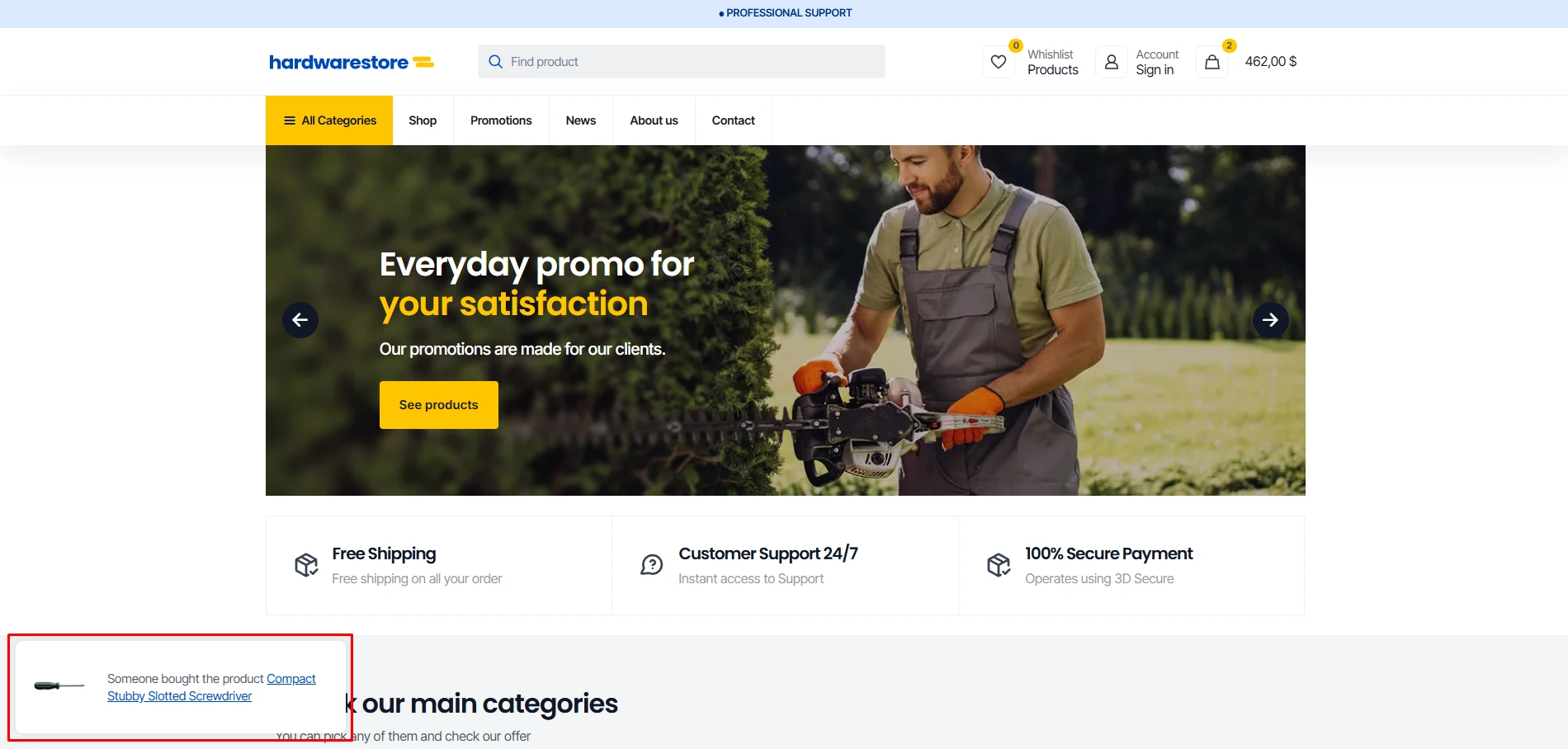 Fake sale notification showed on and marked on the Betheme Hardware Store template
