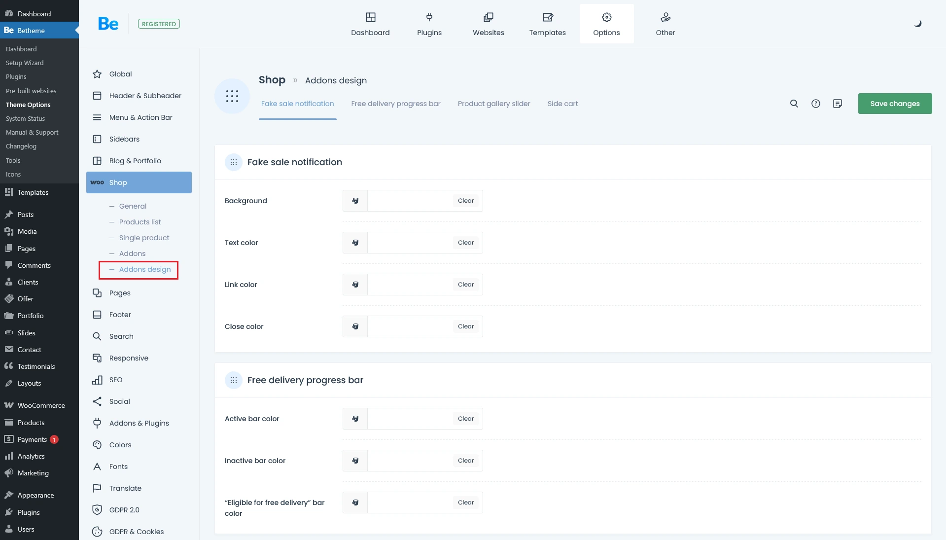 Betheme ThemeOptions panel with Addons Design Toggle opened