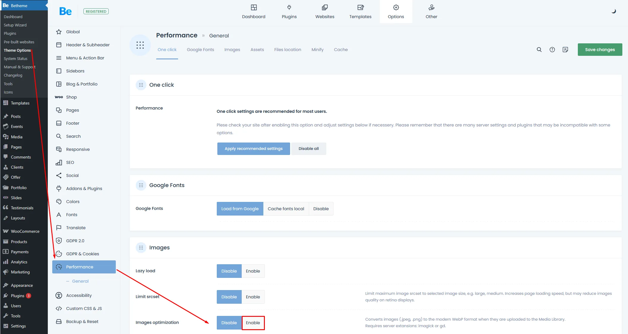 BeTheme ThemeOptions with red marked Enable button for Automatic image optimization
