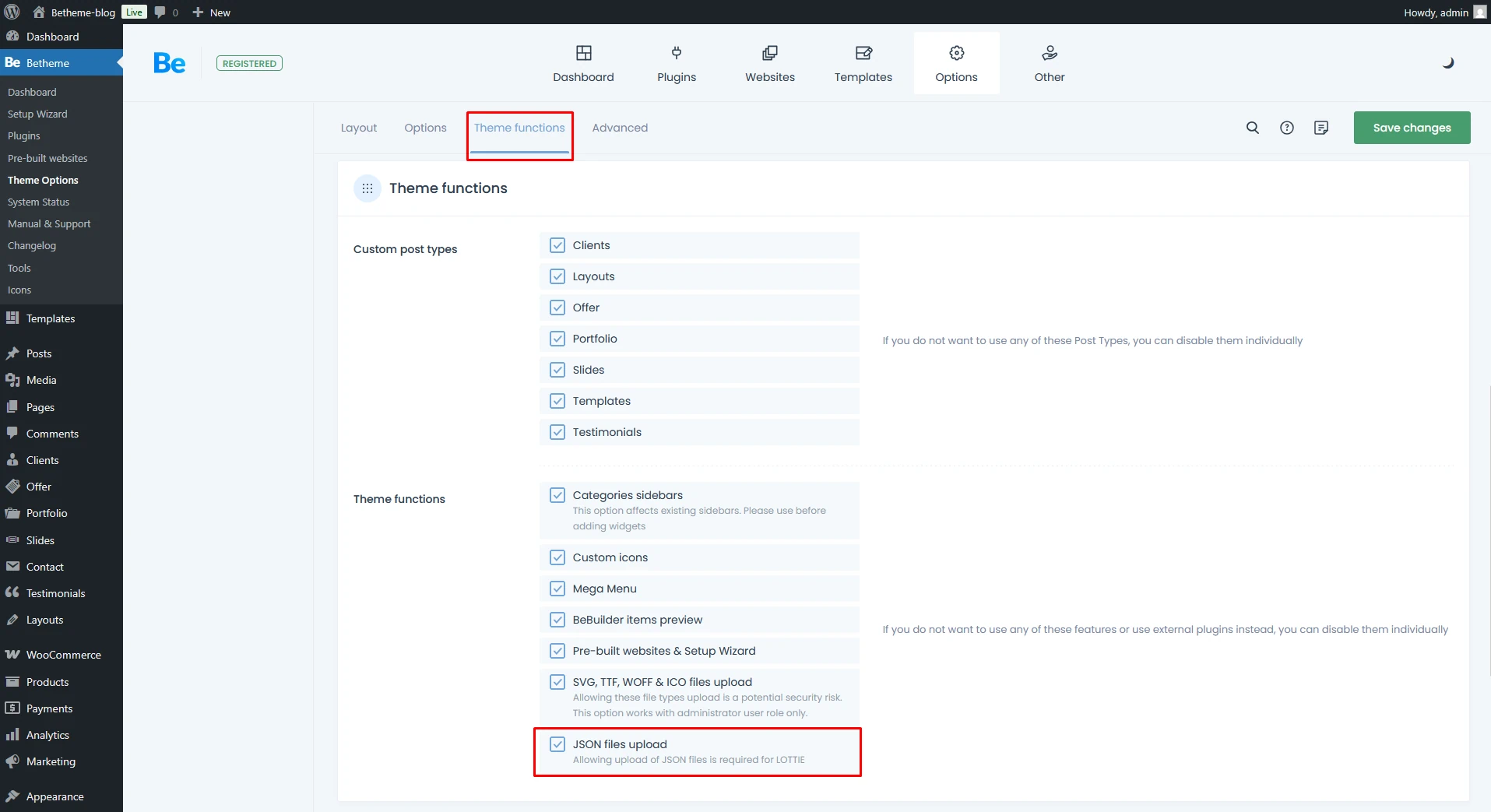 BeTheme Theme Options -> Json Uploads path that is needed to Lottie animation work with Json file upload option red marked