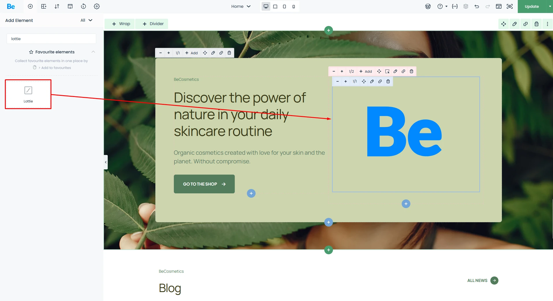 Lottie Element red marked in BeTheme's BeBuilder and red arrow points into the place where it could be placed