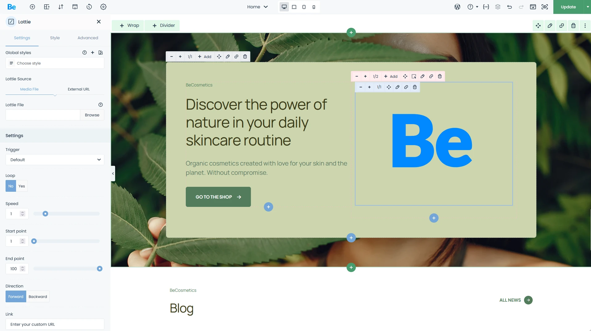 Lottie animation options available in Betheme on The BeBuilder panel