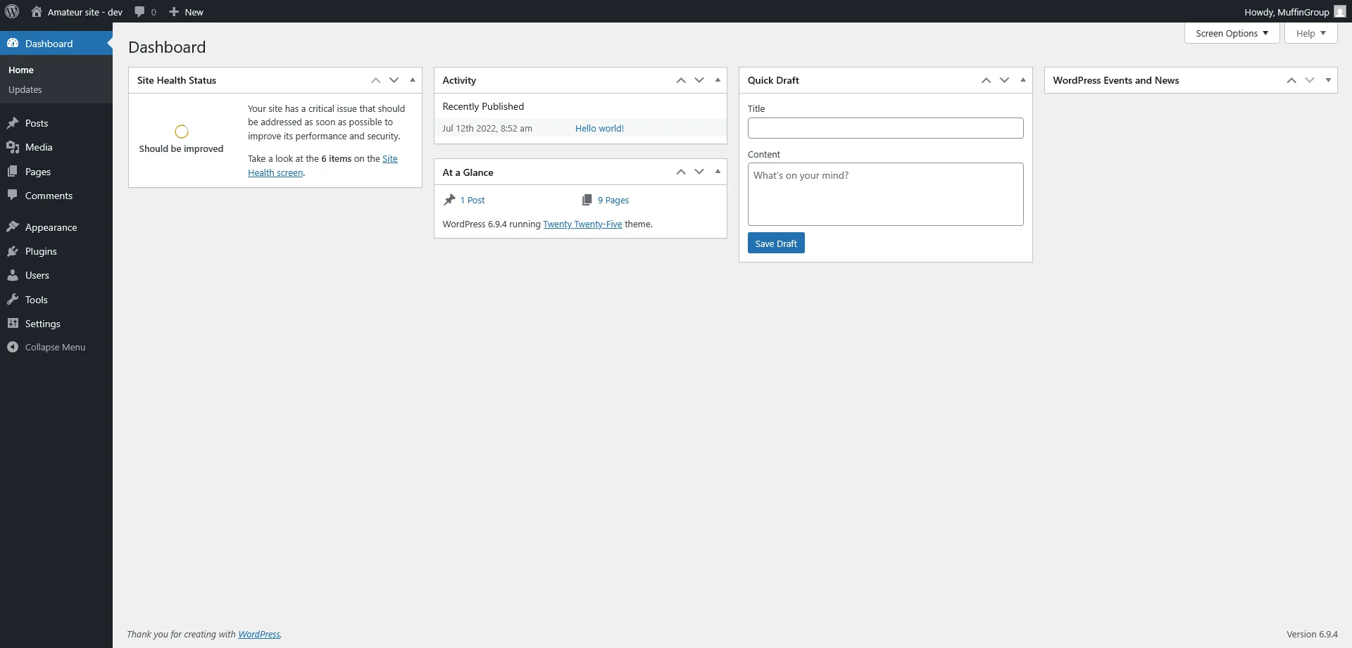 Screenshot of default view on WordPress Dashboard
