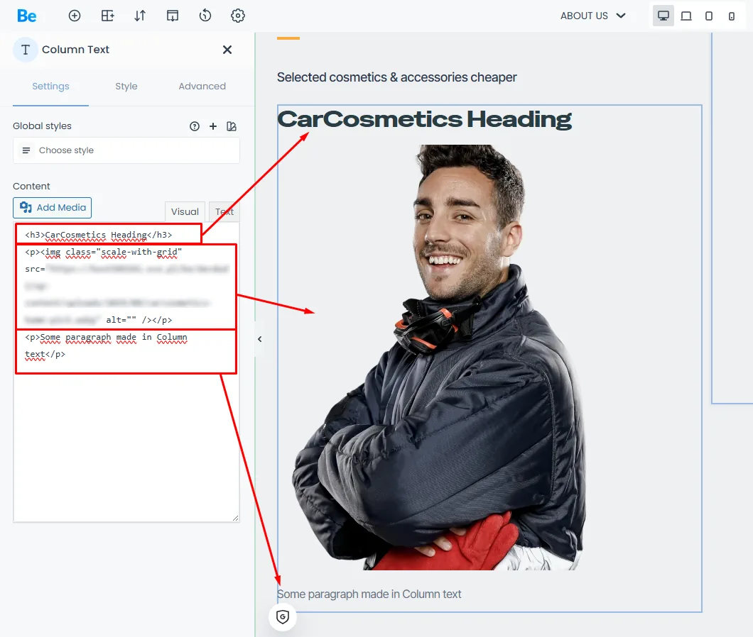 BeTheme's BeBuilder Column Text element with html code: Heading, Image and paragraph at left and frontend preview of this code at the right side of screen