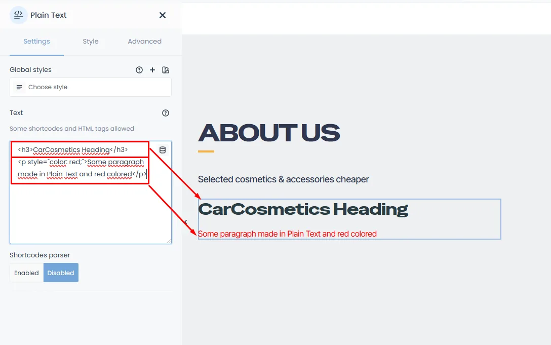 BeTheme's BeBuilder Plain Text element with html code: Heading,  paragraph red colored at left and frontend preview of this code at the right side of screen