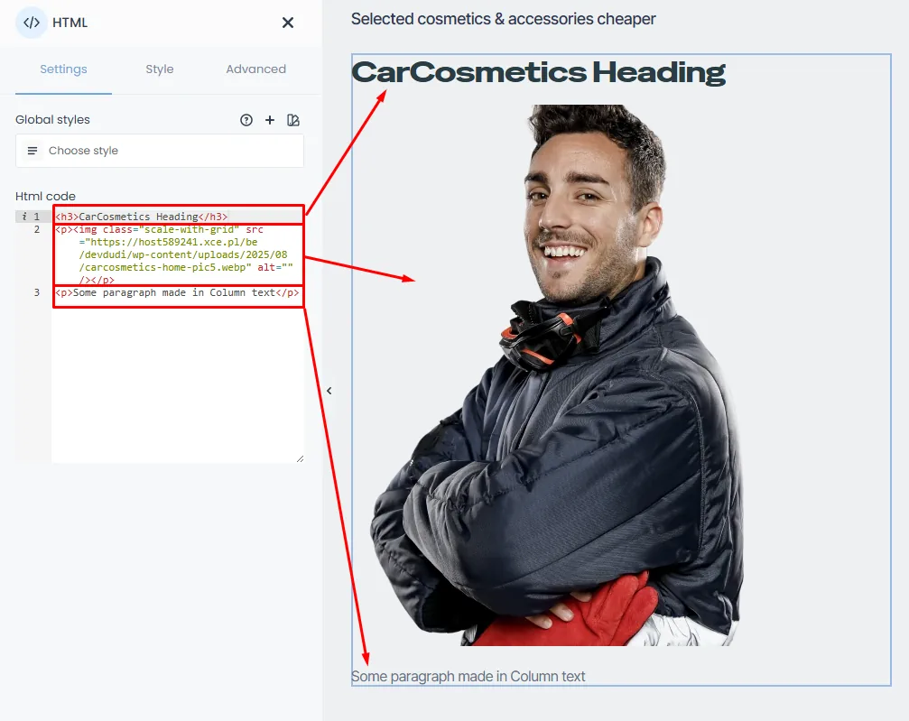 BeTheme's BeBuilder HTML element with html code: Heading, Image and paragraph at left and frontend preview of this code at the right side of screen