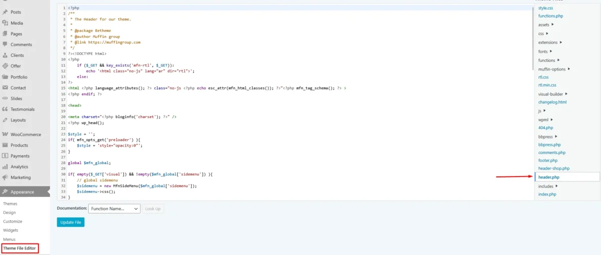 Wordpress Theme File Editor with some part of code in it