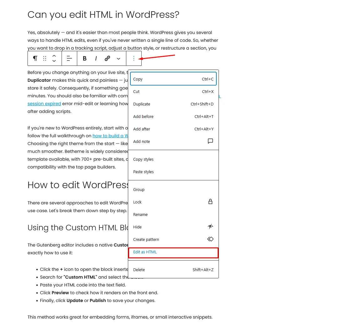 Wordpress Content Editor - Edit as Html option highlighted in context menu of any element