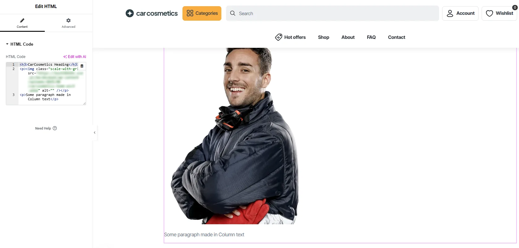 Elementor's HTML element with html code: Heading, Image and paragraph at left and frontend preview of this code at the right side of screen